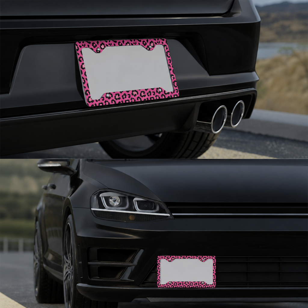 Pink Leopard Print Metal License Plate Frame