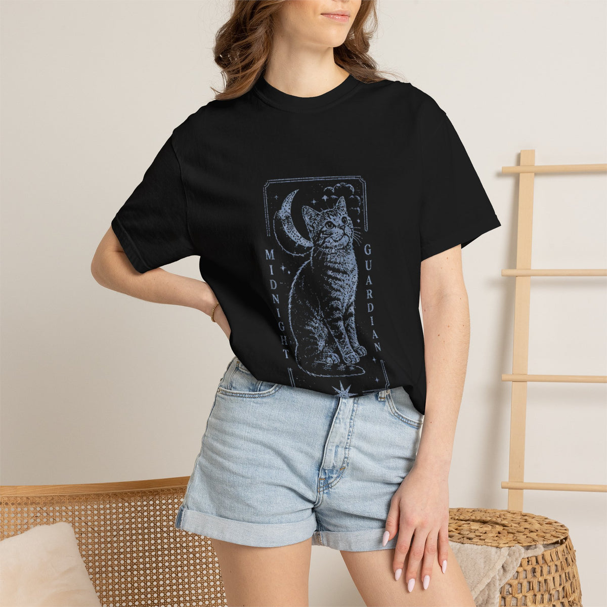 Midnight Guardian Cat T-Shirt — Mystical Moonlit Cat Tee