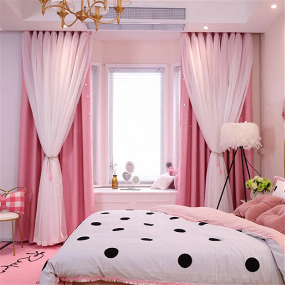 Pink Double-Layer Star Tulle Curtain for Kids’ Bedroom & Nursery
