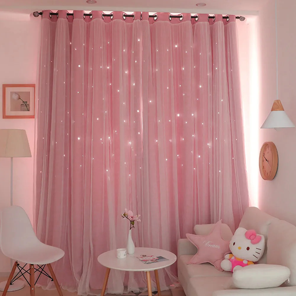 Pink Double-Layer Star Tulle Curtain for Kids’ Bedroom & Nursery