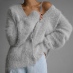 Faux Mink V-Neck Cardigan – Soft Loose Fit Button Sweate