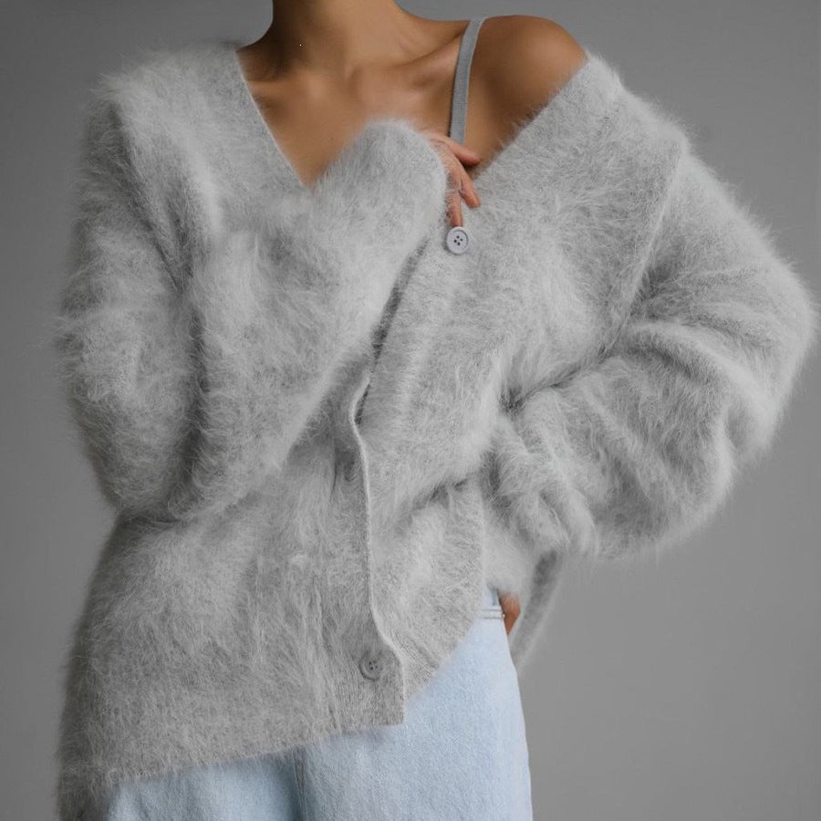 Faux Mink V-Neck Cardigan – Soft Loose Fit Button Sweate