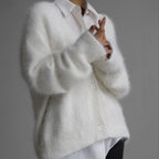 Faux Mink V-Neck Cardigan – Soft Loose Fit Button Sweate