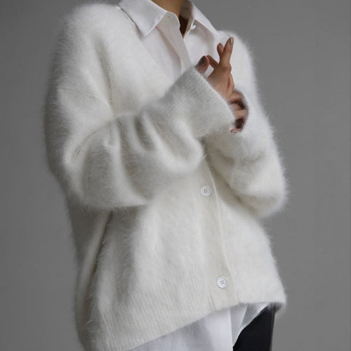 Faux Mink V-Neck Cardigan – Soft Loose Fit Button Sweate