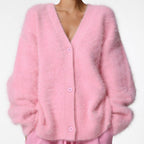 Faux Mink V-Neck Cardigan – Soft Loose Fit Button Sweate