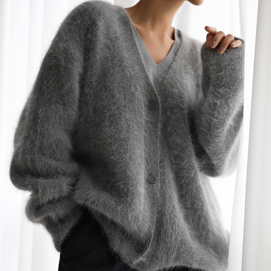 Faux Mink V-Neck Cardigan – Soft Loose Fit Button Sweate