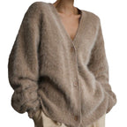 Faux Mink V-Neck Cardigan – Soft Loose Fit Button Sweate