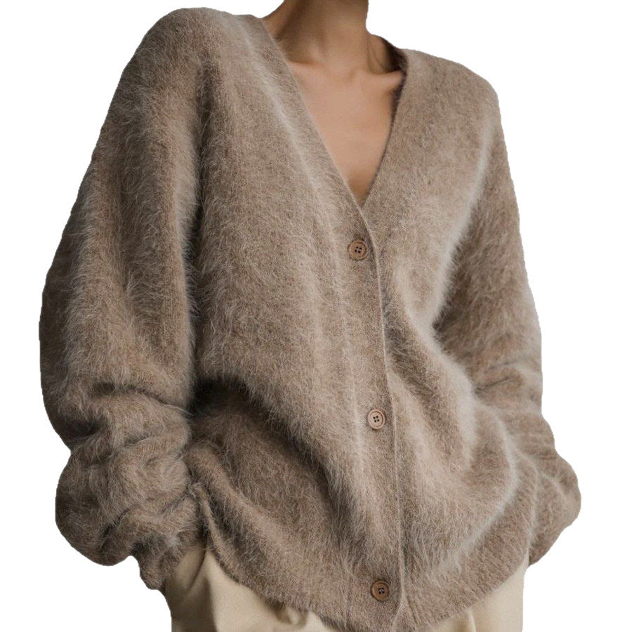Faux Mink V-Neck Cardigan – Soft Loose Fit Button Sweate
