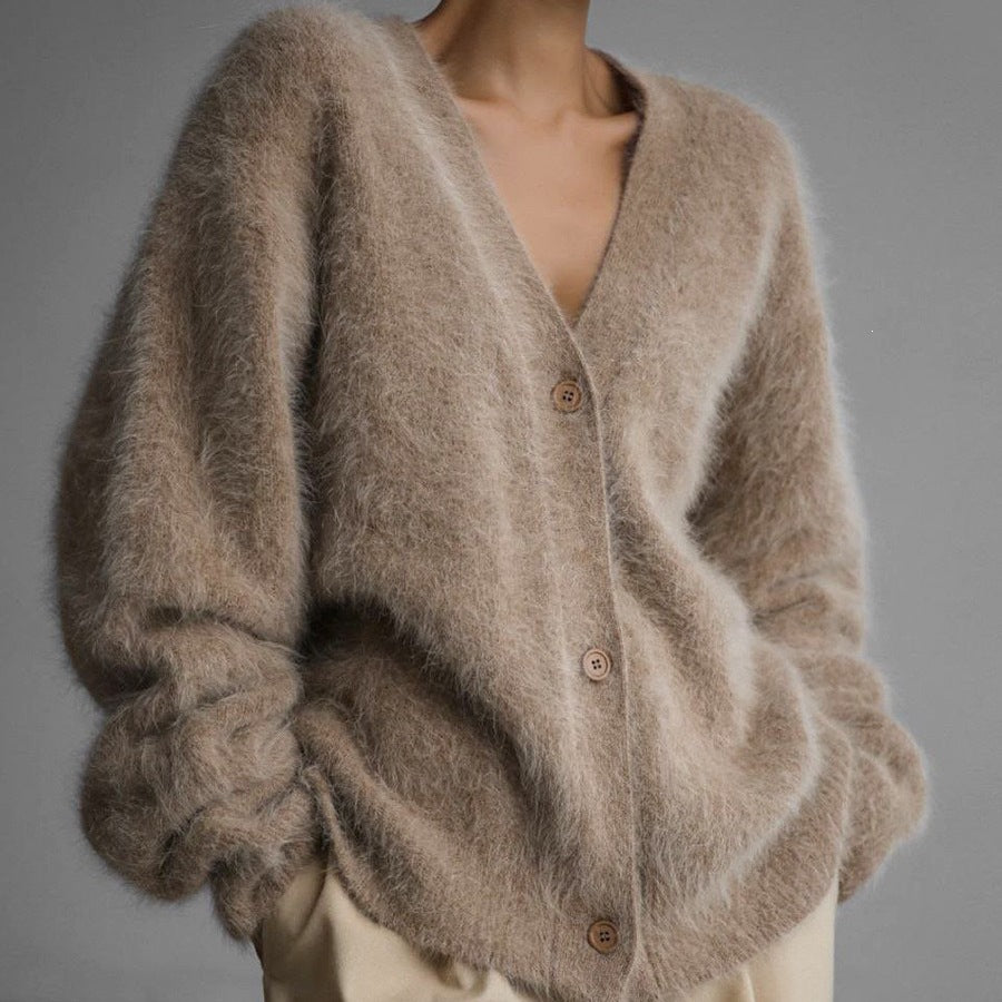 Faux Mink V-Neck Cardigan – Soft Loose Fit Button Sweate