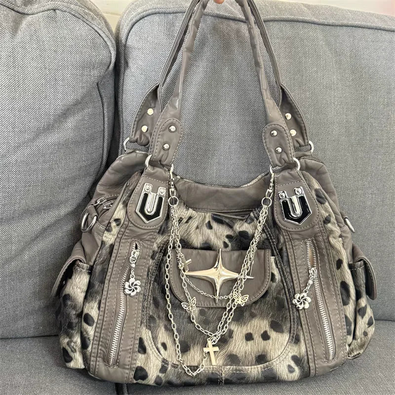 Rebel Star Grey Leopard Shoulder Bag