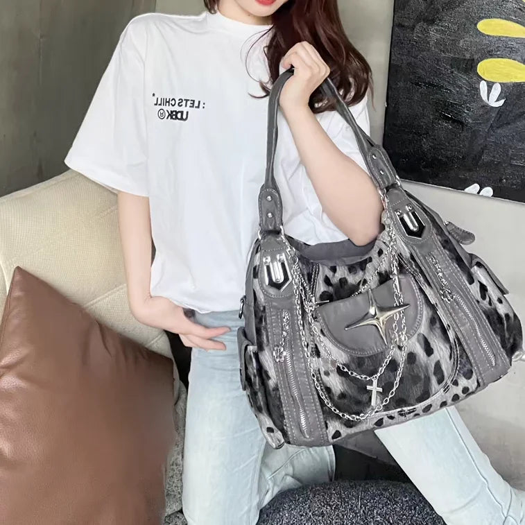Rebel Star Grey Leopard Shoulder Bag
