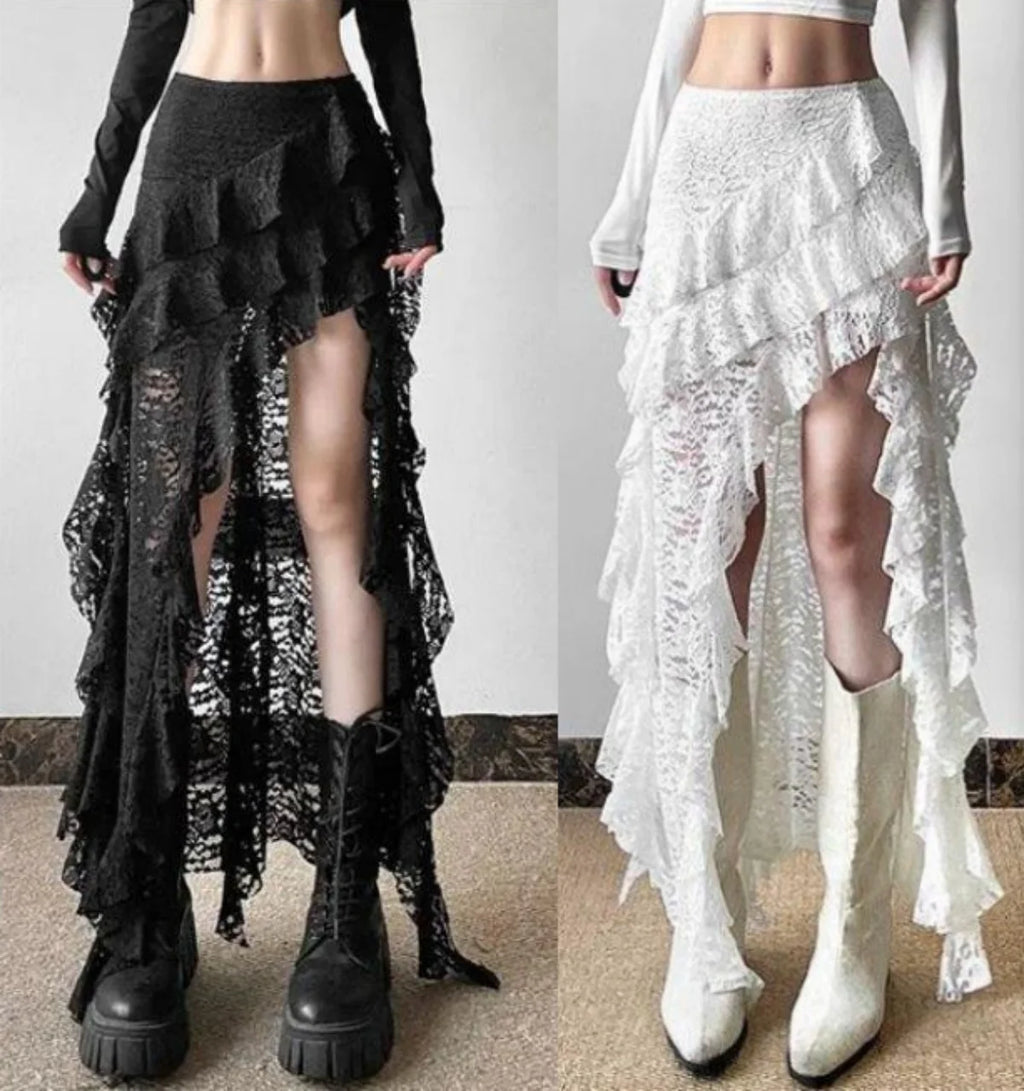 🌸 Tassel Layered Ruffle Skirt – Y2K Asymmetric Hem