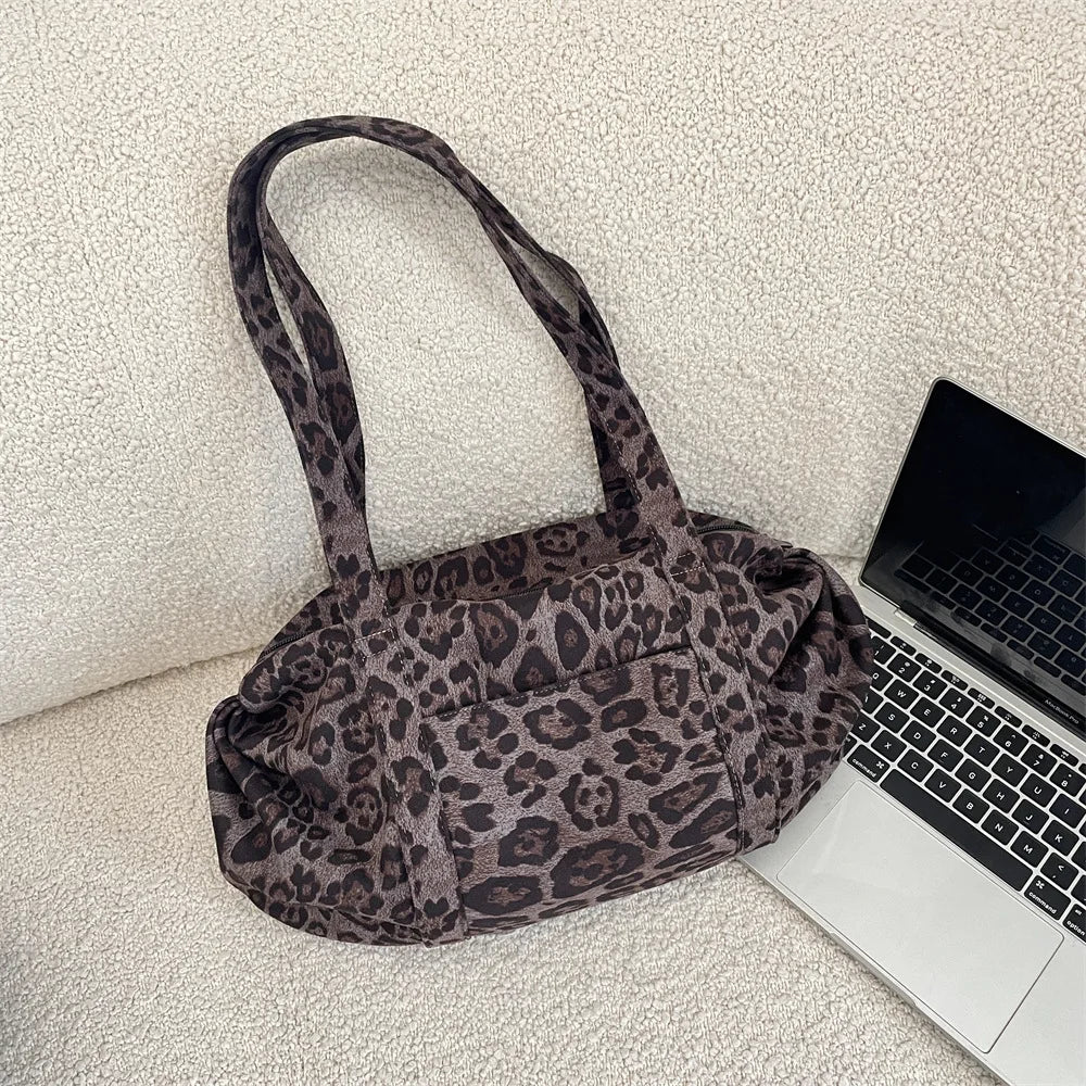 Fashion Leopard Print Tote Bag for Women Large Capacity Mommy Bag Suede Lazy Style Shoulder Handbag Outdoor Daily Bag