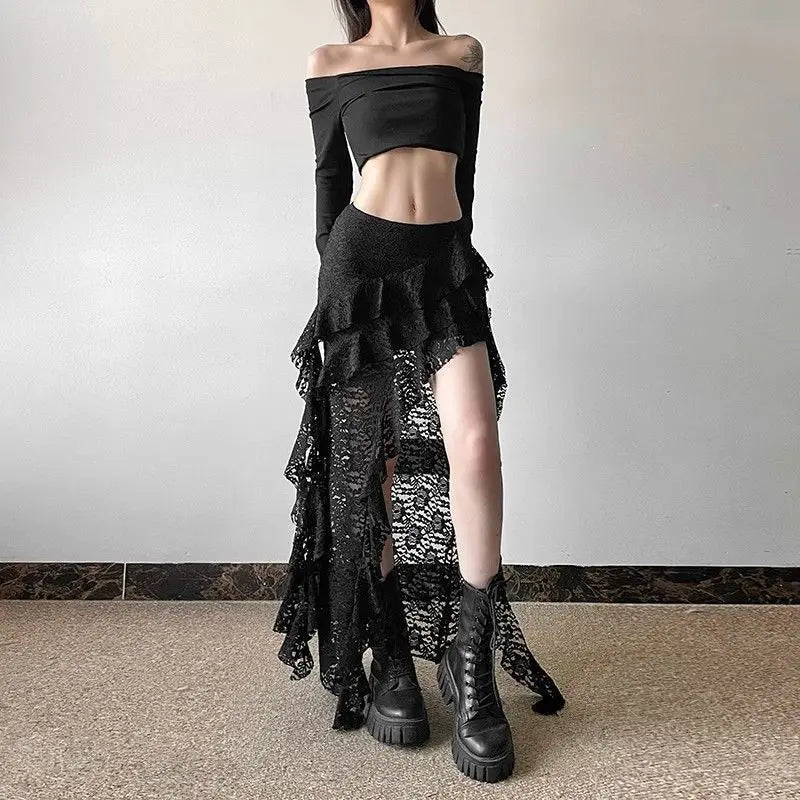 🌸 Tassel Layered Ruffle Skirt – Y2K Asymmetric Hem