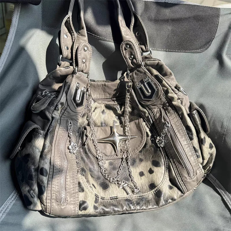 Rebel Star Grey Leopard Shoulder Bag