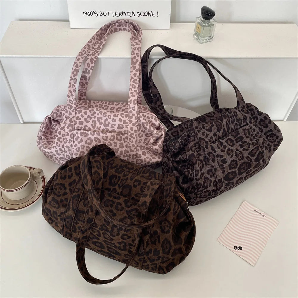 Fashion Leopard Print Tote Bag for Women Large Capacity Mommy Bag Suede Lazy Style Shoulder Handbag Outdoor Daily Bag