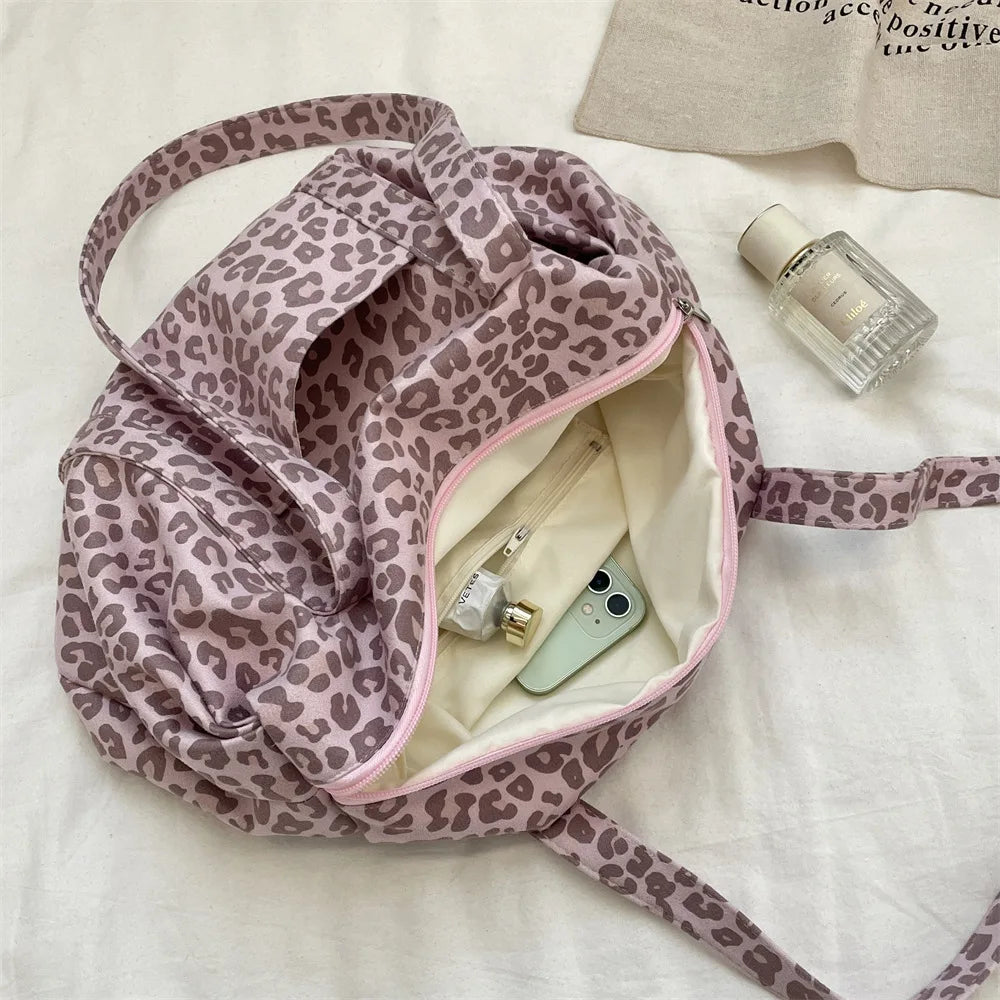 Fashion Leopard Print Tote Bag for Women Large Capacity Mommy Bag Suede Lazy Style Shoulder Handbag Outdoor Daily Bag