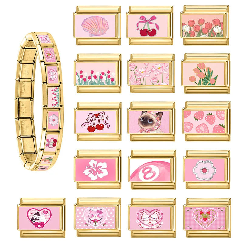 💗 Y2K Italian Charm Links 9mm – Cat, Bow & Cherry